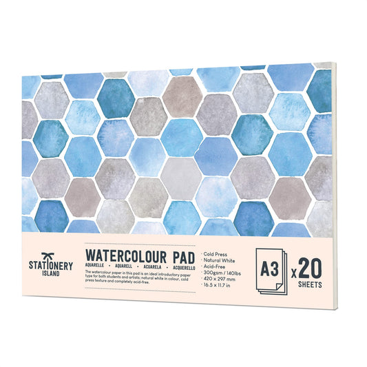 STATIONERY ISLAND Watercolour Paper A3 Pad 300gsm - Natural White 20 Sheets Glue Bound, Cold-Pressed Texture, Watercolour Sketchbook for Painting,