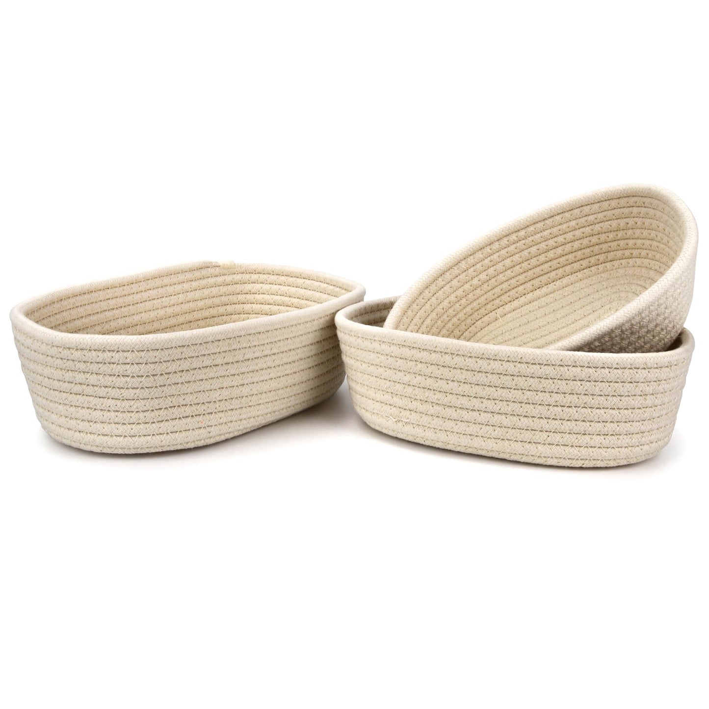 Spesh Cotton Rope Storage Baskets, Set of 3 Woven Shelf Baskets Oval Cotton Storage Boxes Empty Hampers Organiser Bins(White)