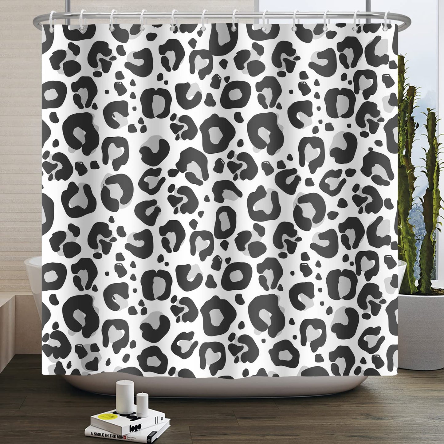 Bovlleetd 60x72inch Black and White Shower Curtain Leopard Print Pattern Black White Bath Shower Curtain Polyester Waterproof Bathroom Set with Hook
