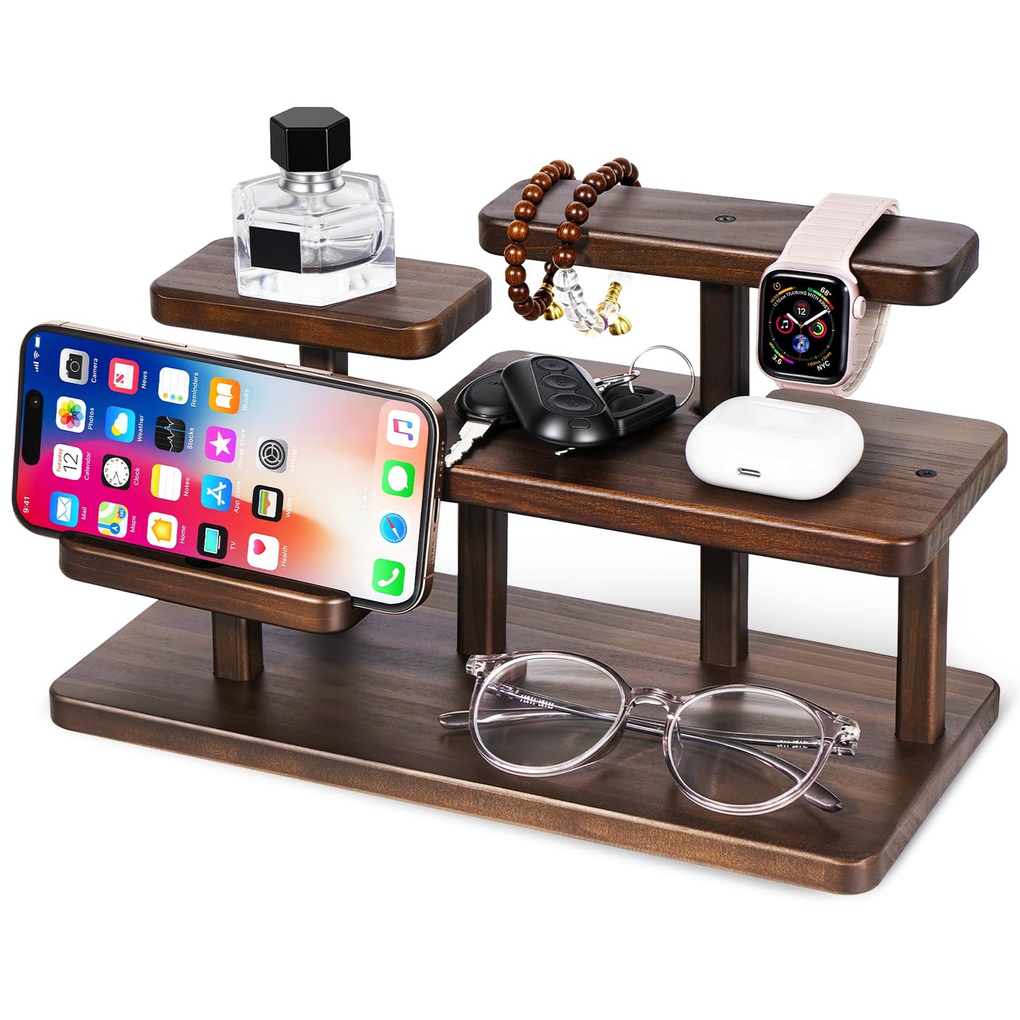 Gifts for Men Christmas Wood Phone Docking Station Desk Organizer Fathers Gifts Anniversary Birthday Gifts for him Xmas Presents for husband