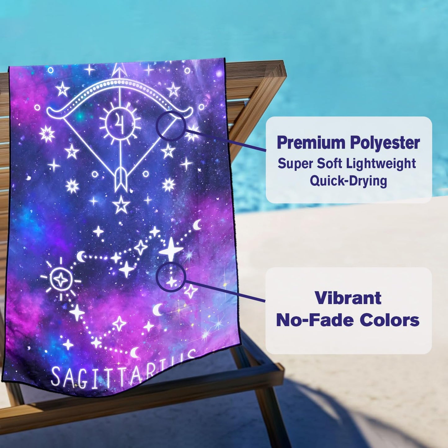 Violetpos Sagittarius Zodiac Sign Beach Towel for Astrology Fans, Extra Large 180x90 cm 250GSM Microfibre, Sand Free Quick Dry