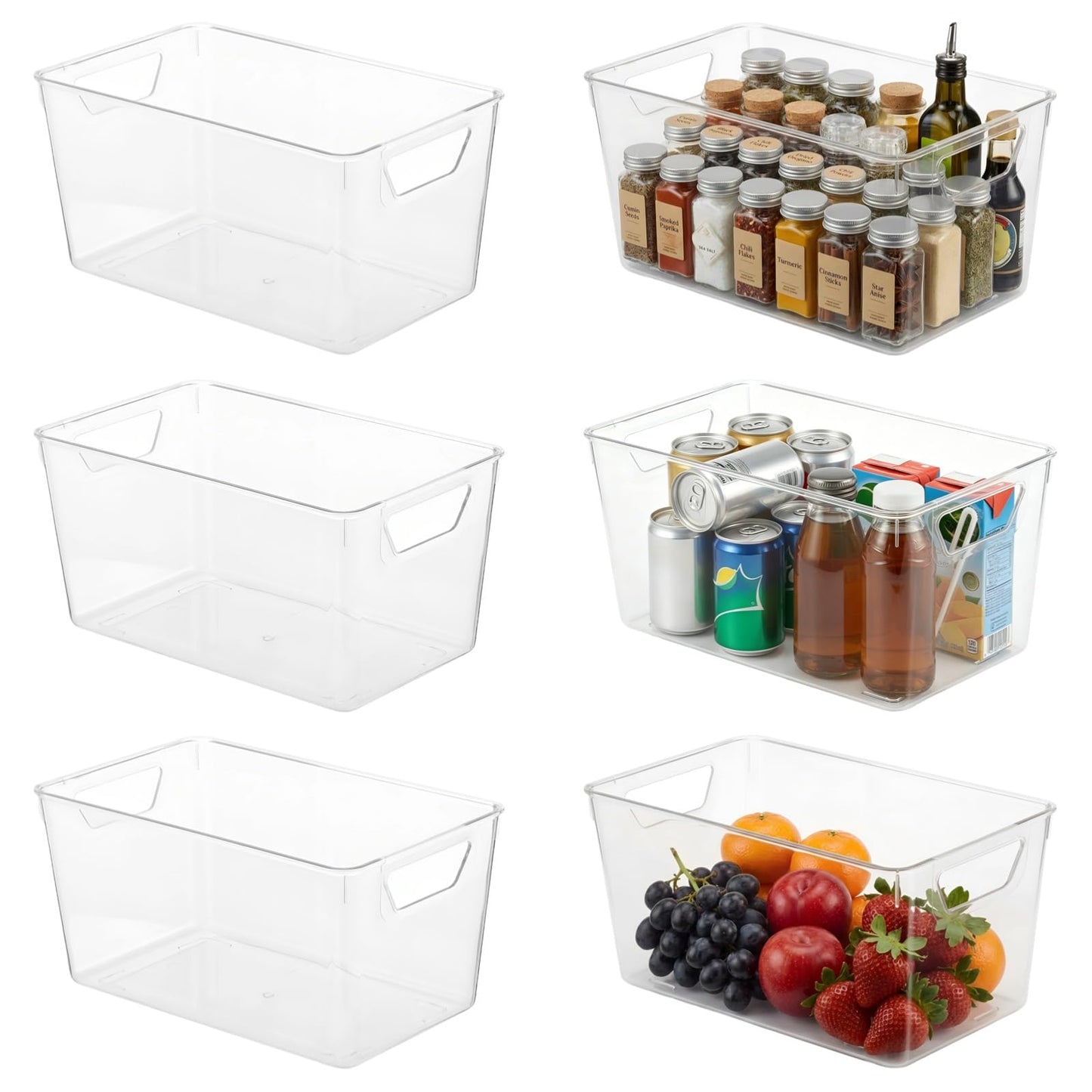 YAGOKKI 6 Pcs Clear Plastic Storage Bins with Handles - Fridge Organiser, Stackable Kitchen Cupboard Organisation for Pantry, Bathroom, Craft Room