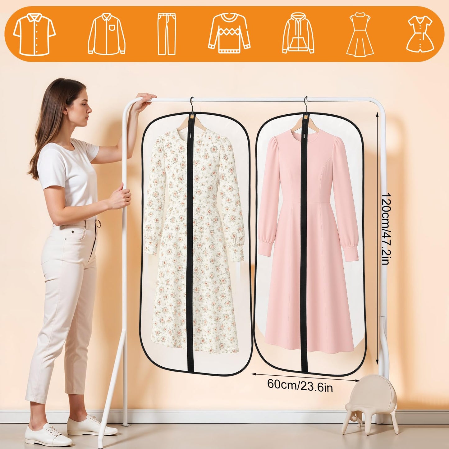 6 Pack Garment Bags, PEVA Translucent Clothes Covers, Suit Bag 47in