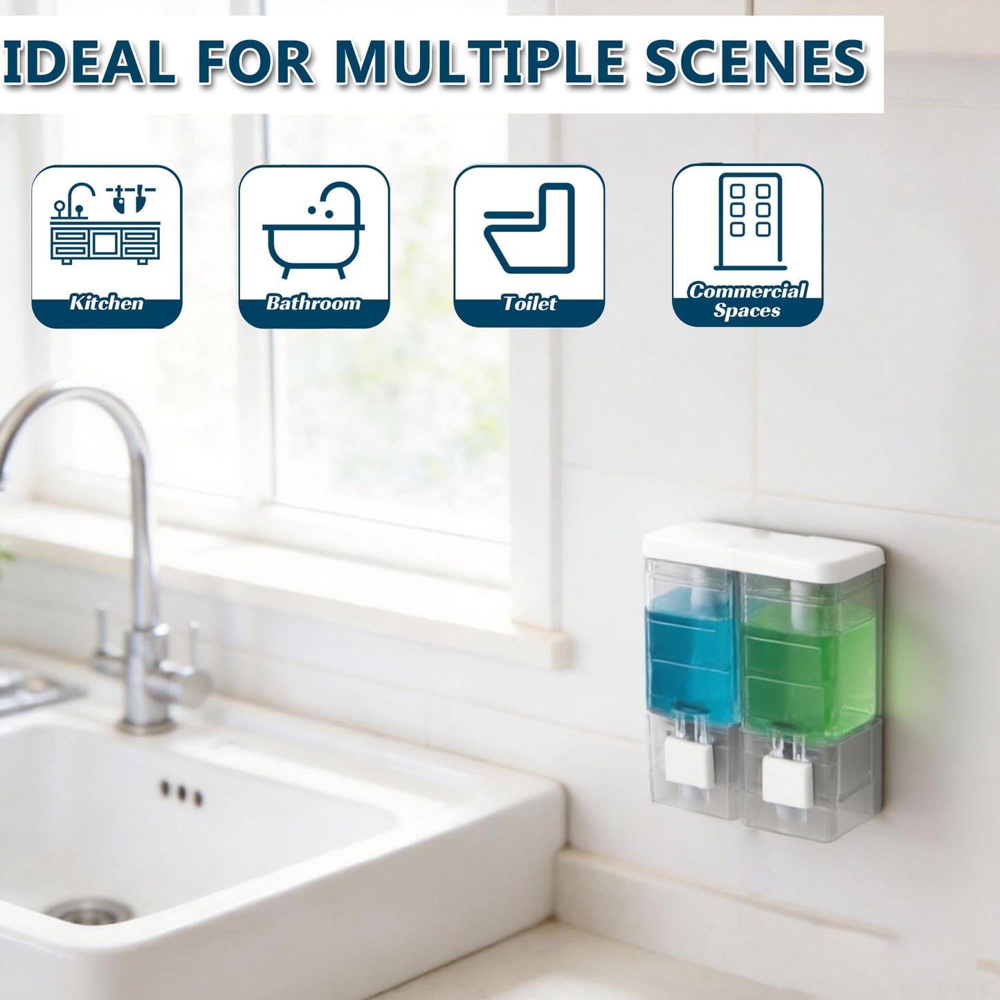 Sueving Soap Dispenser, 2 Chamber Wall Mounted Shampoo and Conditioner Dispenser, 500ML Shower Gel Dispensers for Bathroom, Kitchen (Clear)