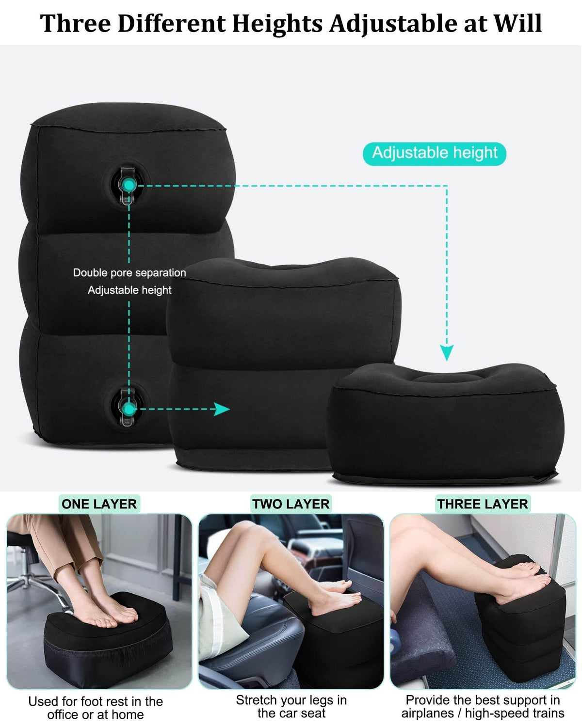 Inflatable Travel Foot Rest Pillow,Airplane Travel Pillow, Office Footrests, Adjustable 3 Layers Height Leg Rest Pillow