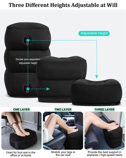 Inflatable Travel Foot Rest Pillow,Airplane Travel Pillow, Office Footrests, Adjustable 3 Layers Height Leg Rest Pillow