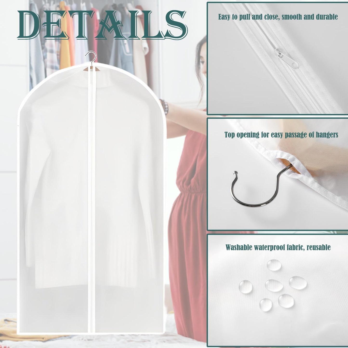 2 PCS Dress Bag Hanging Long Bags Covers Full Zipper Dress Protector Bags (60cm×140cm)