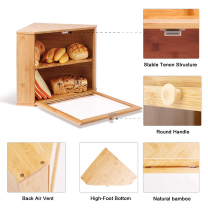 Leader Accessories Corner Bread Bin Bamboo Two-Layer Bread Box for Kitchen Corner fit 12.6"x12.6"x13.4"