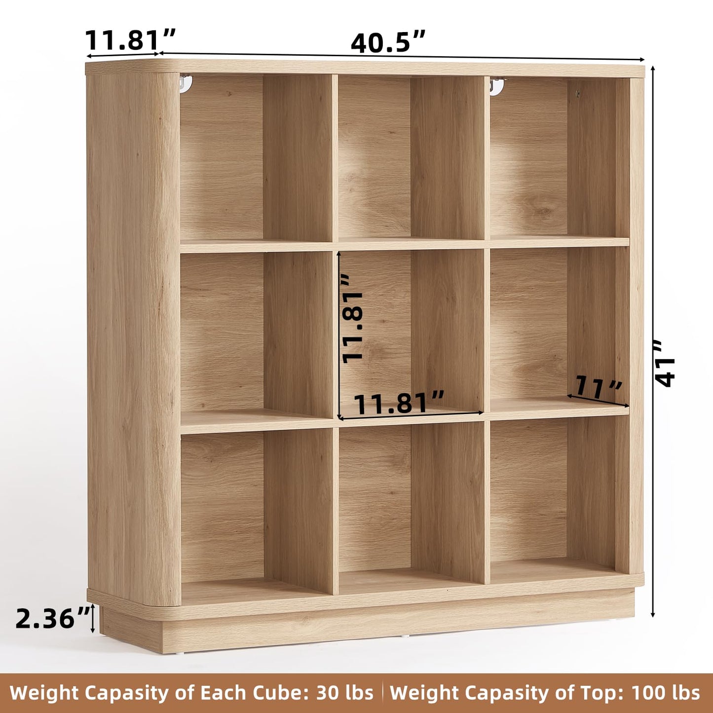 LELELINKY 9 Cube Storage Bookcase, 41" Wide Wooden Book Shelf with Thickened Base, Freestanding 3-Tier Open Book Case Unit with Curved Edge