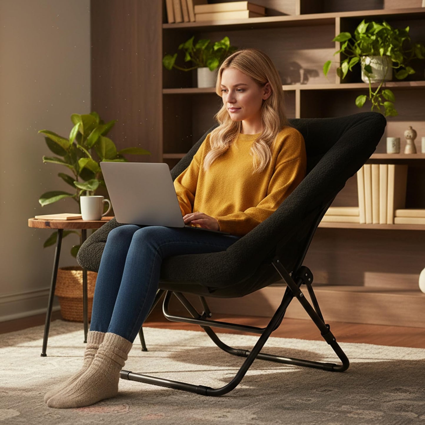 SESHINELL Comfy Saucer Chair, Oversized Foldable Faux Fur Accent Lounge Reading Lazy Chair with Metal Frame for Bedroom, Living Room, Dorm Rooms