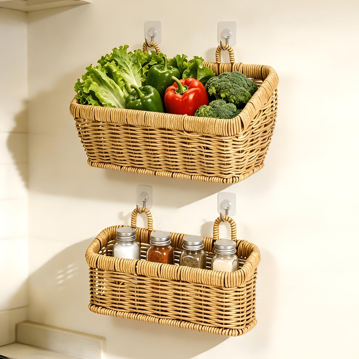 2 Pcs Wall Hanging Basket Set, Rattan Storage Basket with Hooks,2 sizes for kitchen bathroom garden