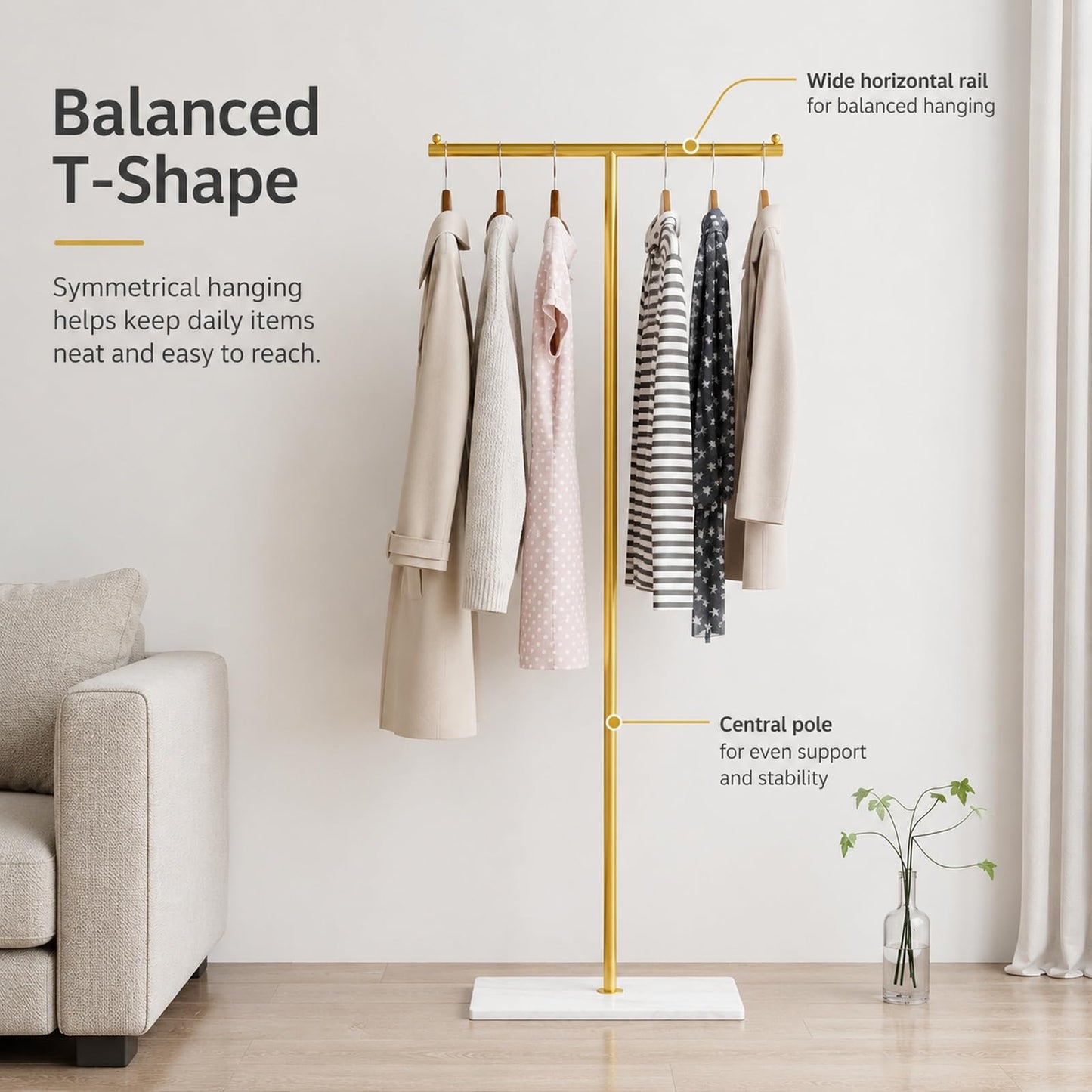 GOOGO T-Shaped Coat Rail Freestanding, Heavy Duty Metal Clothes Rack with Stone-Effect Base, 175 cm Modern Coat Stand for Hallway, Entryway, Bedroom