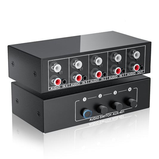 3.5mm Aux + RCA L/R Audio Switch Box 4 in 1 Out Bidirectional, BolAAzuL Stereo Audio Switcher Selector 4X1 Passive a/b Analog Audio Selector No Power