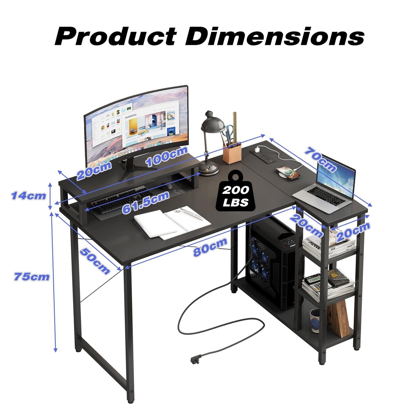 HIHOBDAY L Shaped Gaming Desk 100x70cm, Corner Desk with Monitor Riser, Built-in Power Strip & USB, Headphone Hooks, Multi-Tier Storage Shelves