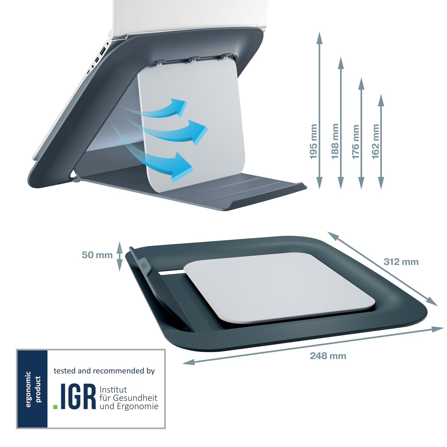 Leitz Adjustable Laptop Stand, Compact Laptop Holder With 4 Height Settings, 80% Recycled Plastic & 100% Recycable, Ergo Cosy Range, Velvet Grey