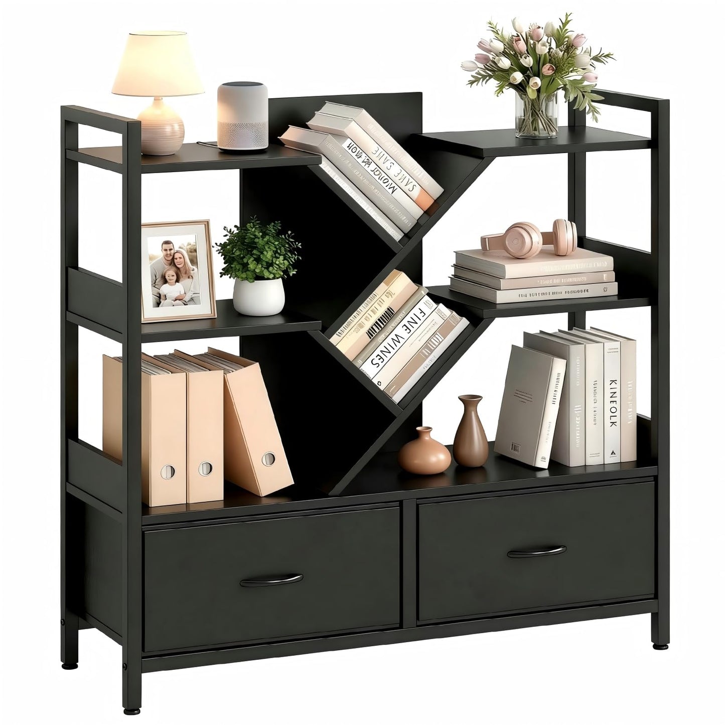 IRONCK Black Bookshelf with 2 Drawers & Wheels, Cube Bookcase 100x32x104 cm