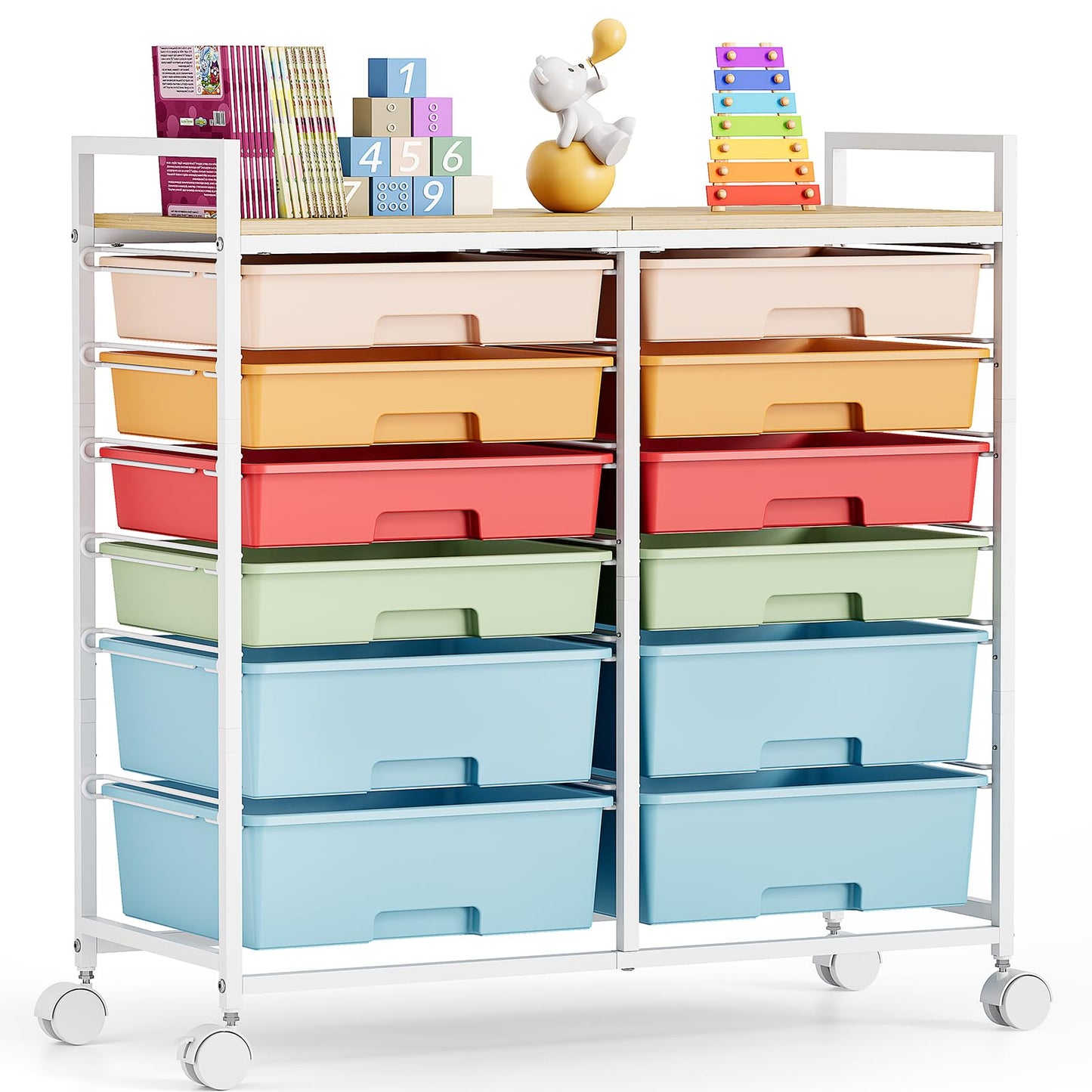 12-Drawer Craft Organizer Trolley Cart with Wooden Top