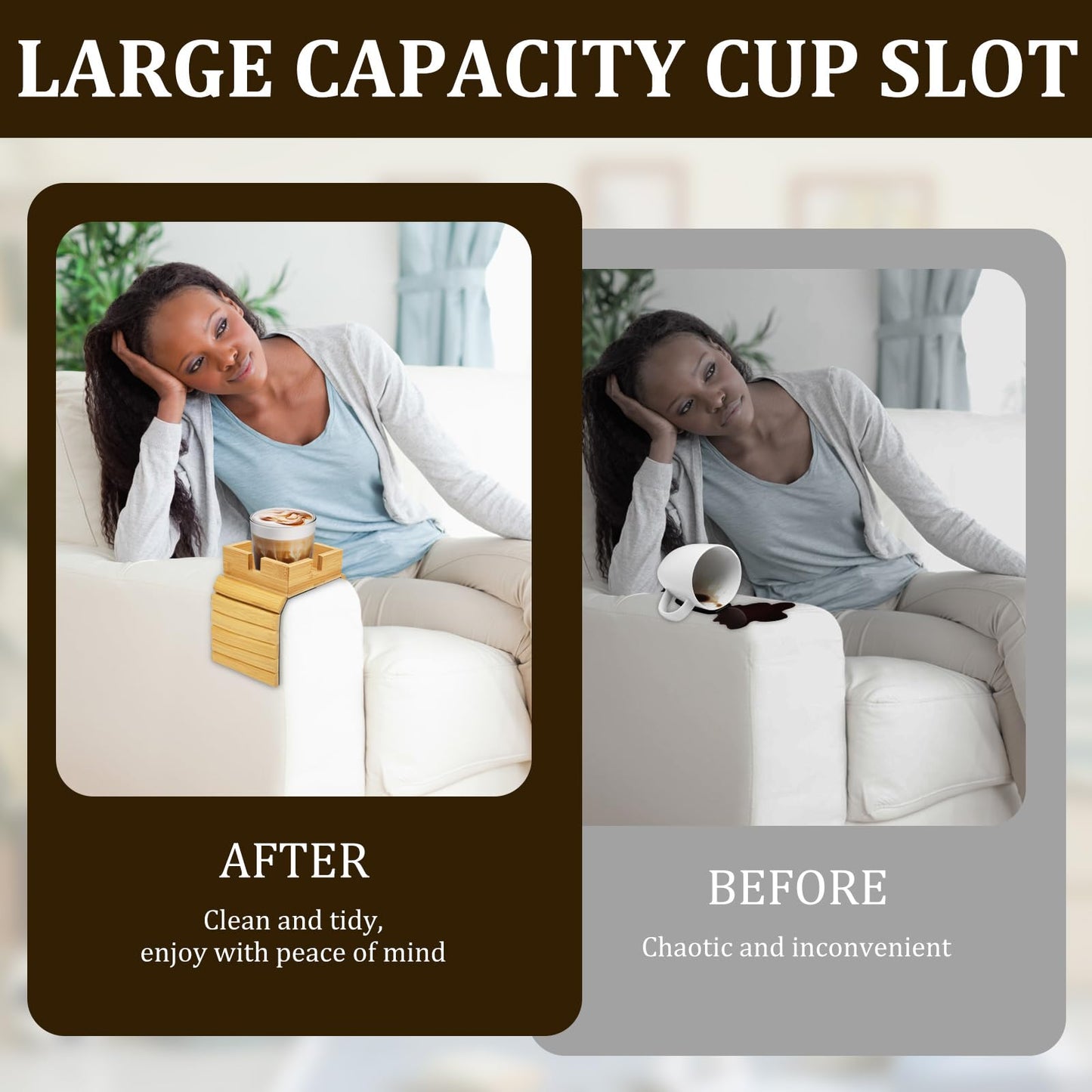 2Pack Sofa Arm Tray, Foldable Couch Cup Holder Bamboo Armrest Tray, Sofa Armrest Organiser for Drinks, Snack, and Remote