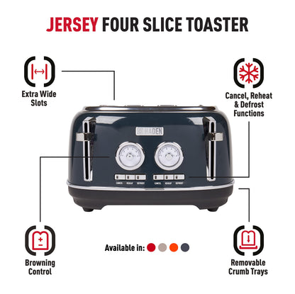Haden Jersey Steel Blue Toaster 4 Slice  Dual Control With Adjustable Browning Controls - Self Centring Function - Reheat And Defrost Functions