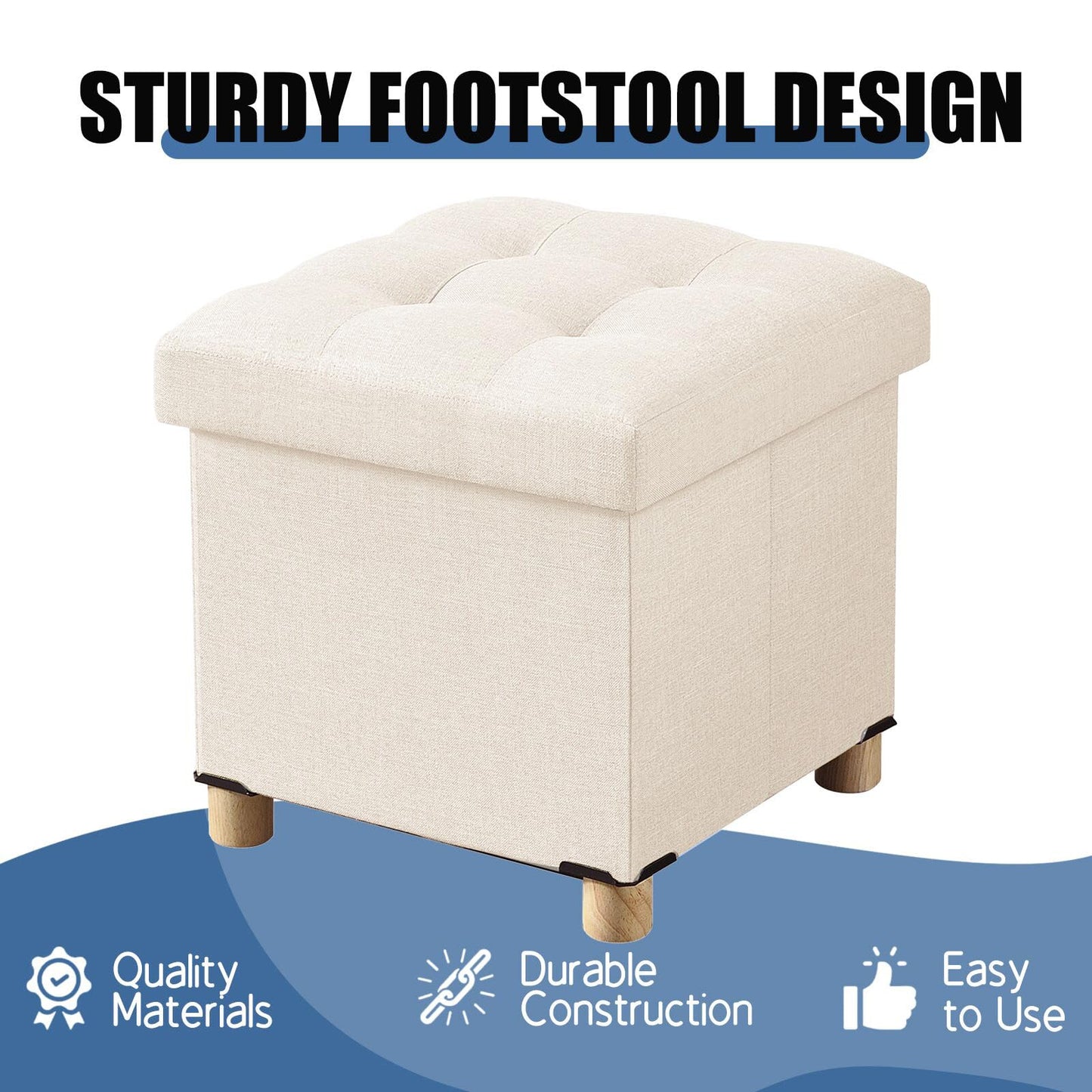 BRIAN & DANY Folding Storage Ottoman with Wood Legs, Linen Foot Stool, Storage Chest with Highly Elastic Sponge Filling, Beige, 38 x 38 x 38 cm