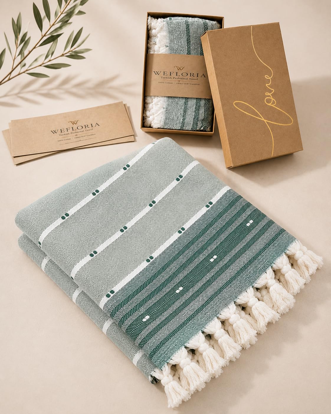 WEFLORIA Turkish Peshtemal Towel – 100% Cotton, Lightweight & Quick Dry Beach & Bath Towel, Large Hammam Towel with Tassels, Gift Box Packaging