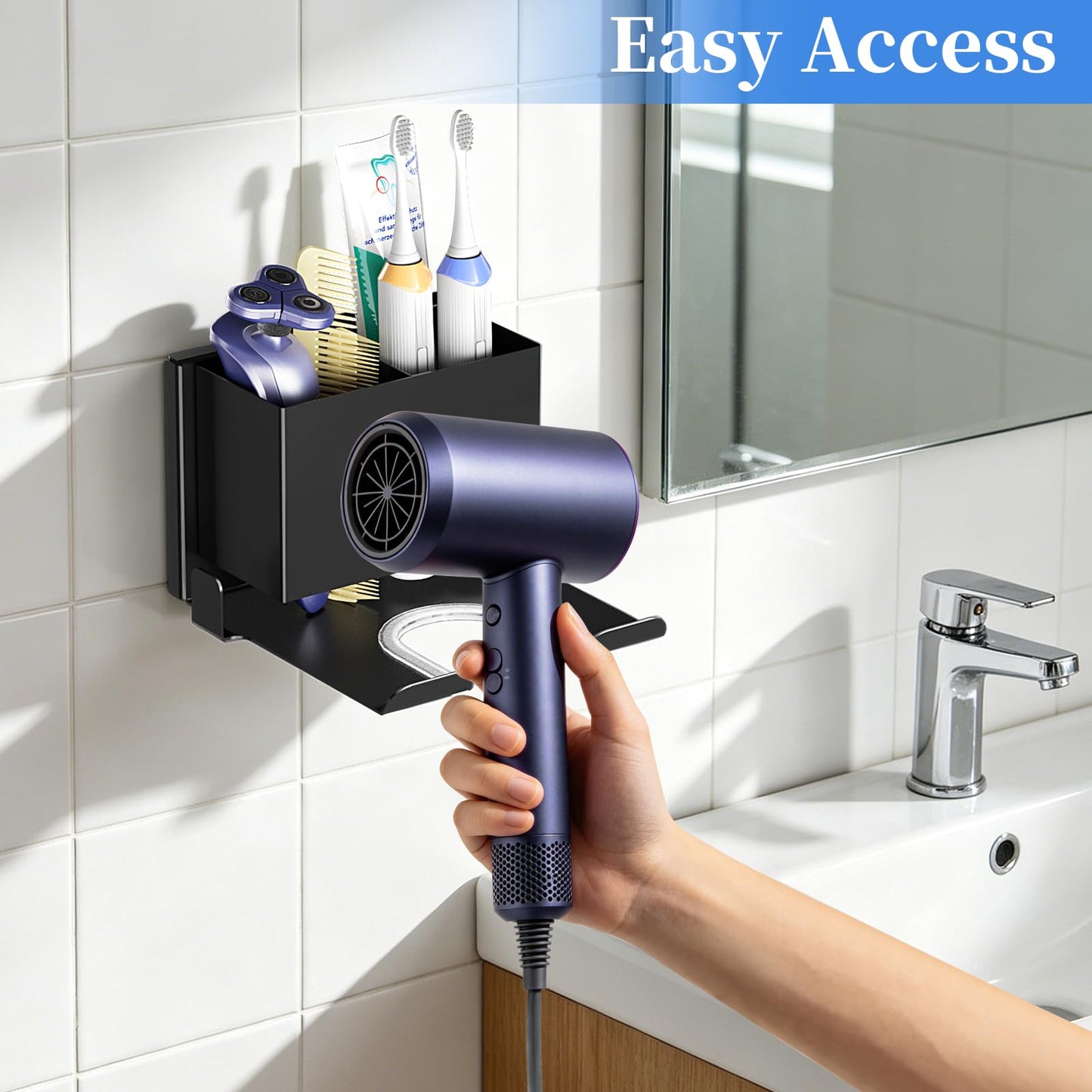 ZDDLOINP Hairdryer Holder Wall Mounted with Storage Compartment, Black