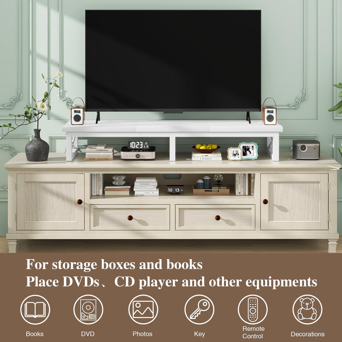 IBUYKE 114cm Large TV Riser for 32-60 inch TV,Tabletop Short TV Stand with Storage and Steel Legs,Dual Screen Office Desk,Stand Riser,TV Riser Stand