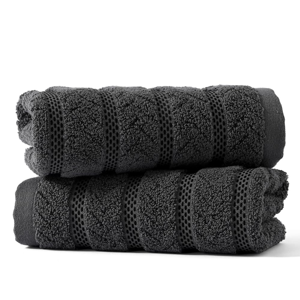 sense gnosis Grey Hand Towel Set of 2 Soft Ribbed Striped Jacquard Pattern 100% Cotton Absorbent Luxury Decorative Towel for Bathroom 13 x 29 Inch