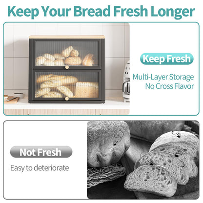 Urackify Two-Layer Large Bread Box, Bread Bins for Kitchen, Black Bread Bin with Stiped Window Door Pancel, Bread Storage with Wood Handle, kitchen