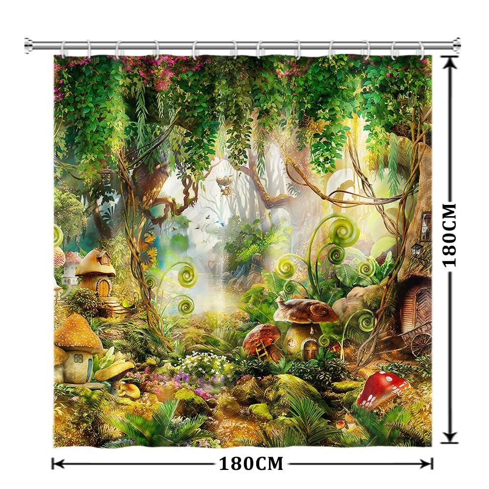 Xiaoterna Fairy Tale Forest Shower Curtain Mushroom Green Tree Grass Bathroom Curtain Spring Magic Enchanted Forest Fantastic Jungle Shower Curtain