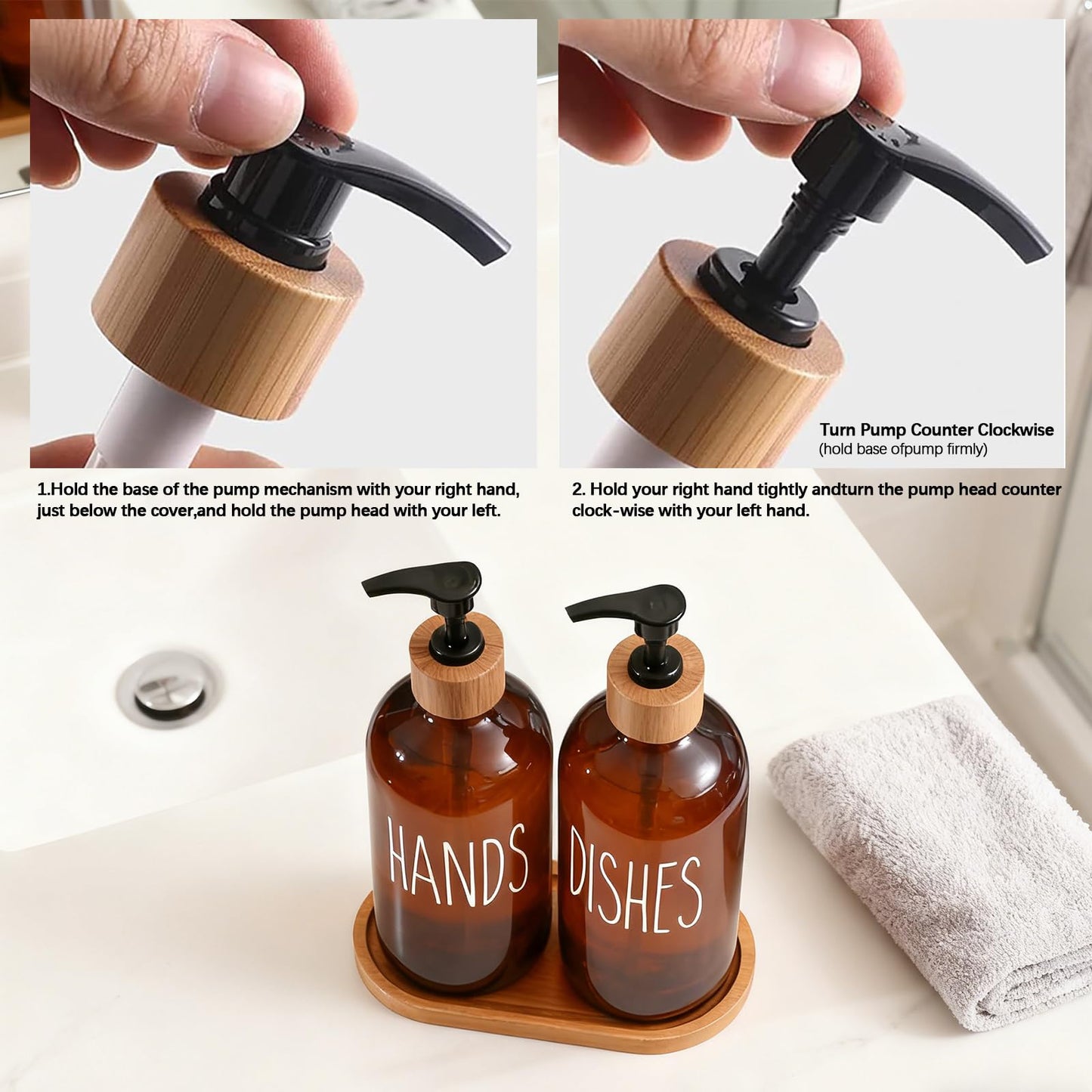 2 Pack 500ml Amber Glass Soap Dispensers with Bamboo Tray - Refillable Hand & Dish Soap Dispenser Set for Kitchen Countertop and Bathroom