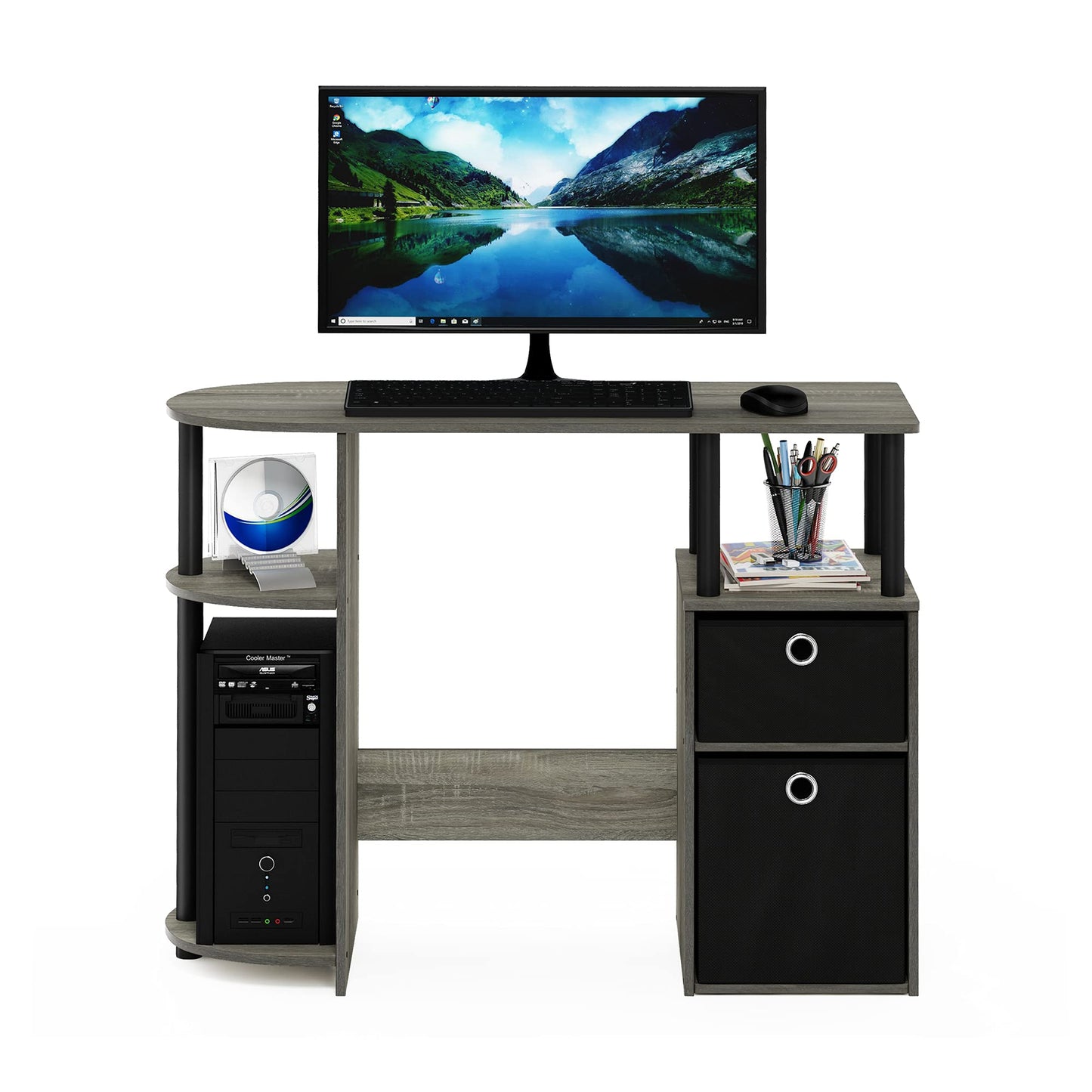 Furinno JAYA Simplistic Computer Study Desk with Bin Drawers, French Oak/Black