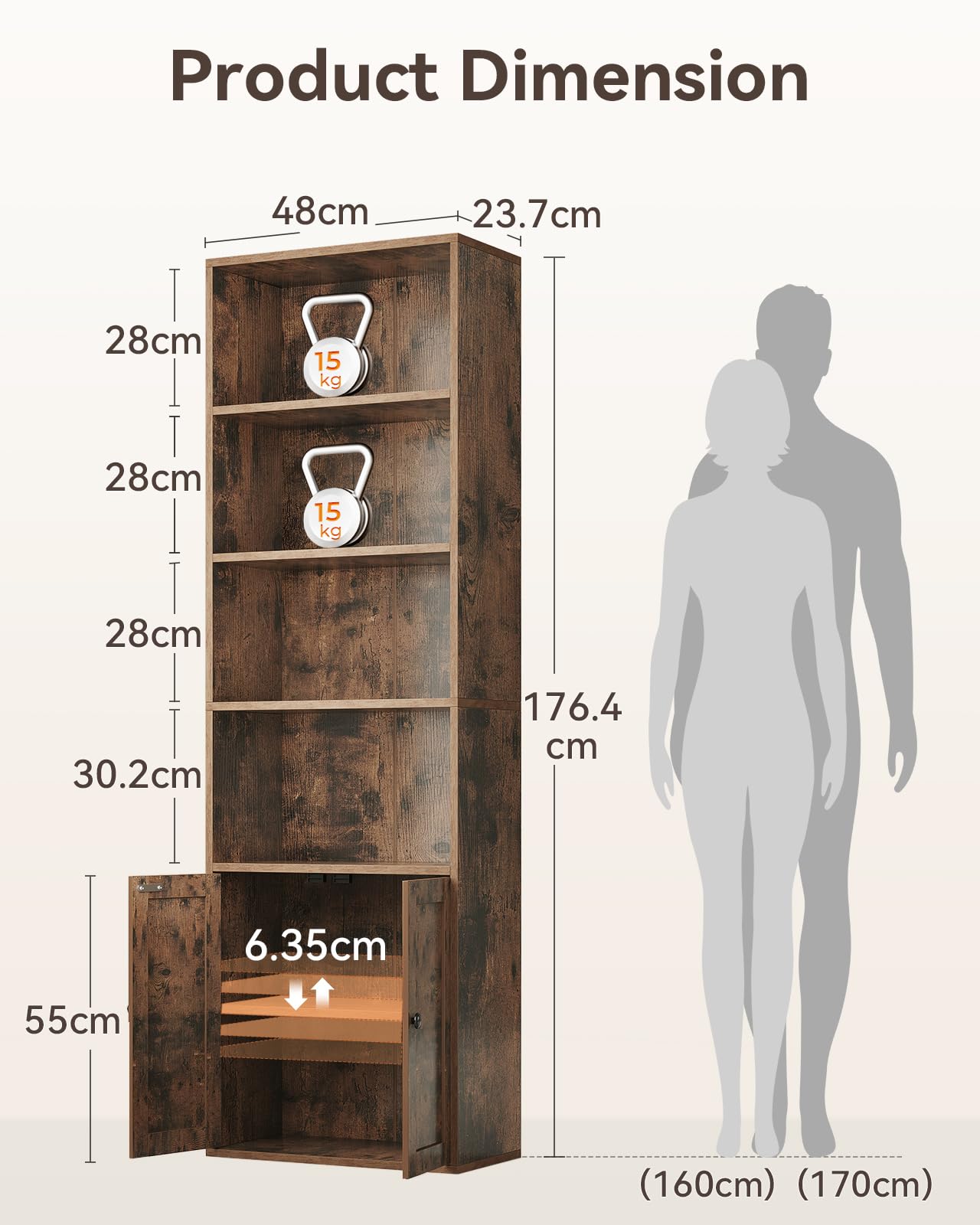 Coleshome 6-Tier Bookcase With Doors, Storage Cabinet, 176.4 cm, Brown