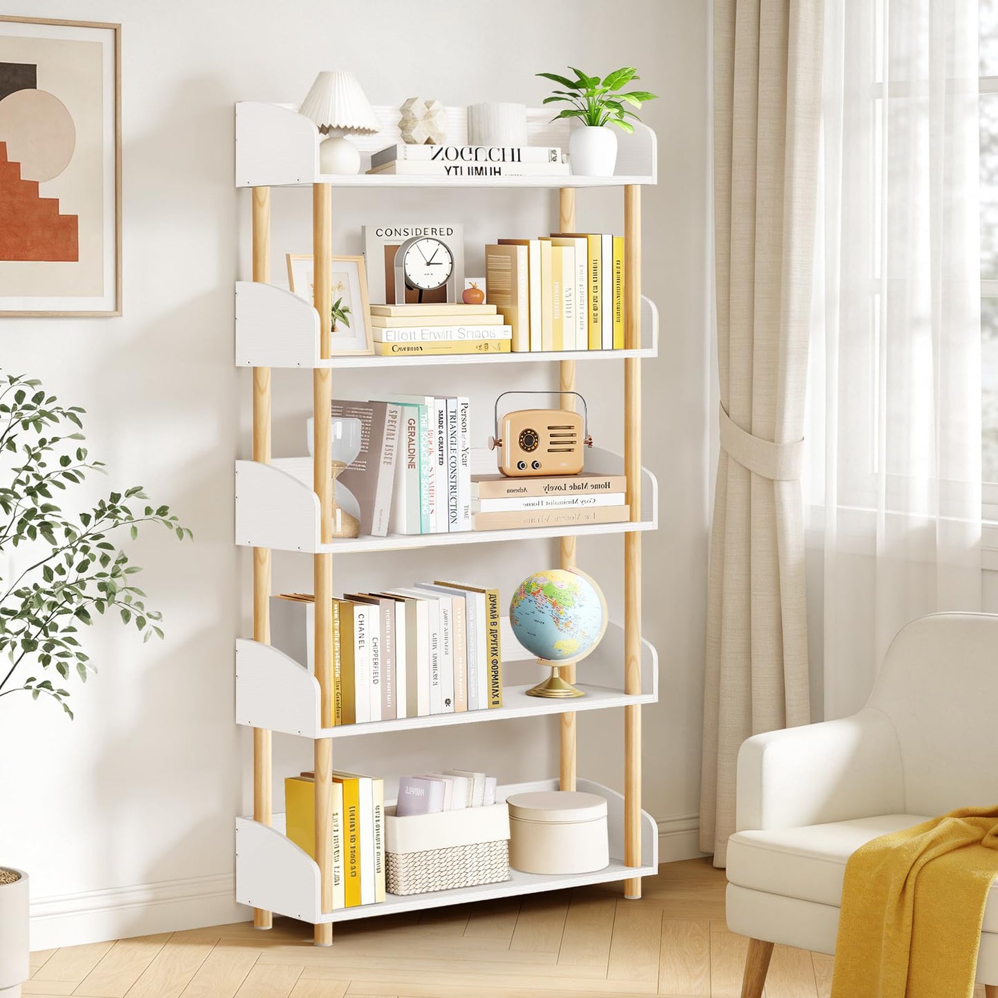 OUTONLIFE 5-Tier Wooden Open Bookcase, Modern Display Bookshelf with Solid Wood Frame and Rounded Corner Design, Storage Organizer for Living Room