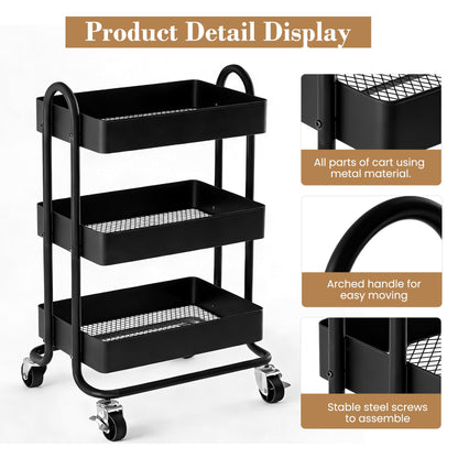 Mordchil EU 3 Tier Metal Utility Cart with Lockable Wheels for Storage, Rolling Utility Trolley Storage Cart for Home & Office, Black