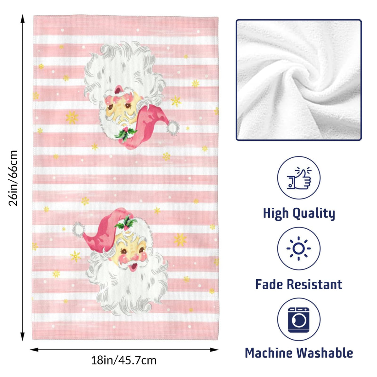 Newhomestyle Xmas Santa Claus Kitchen Dish Towels, 2 PC Winter Christmas Decoration Hand Towels, Snowflake Pink Stripes Tea Towel