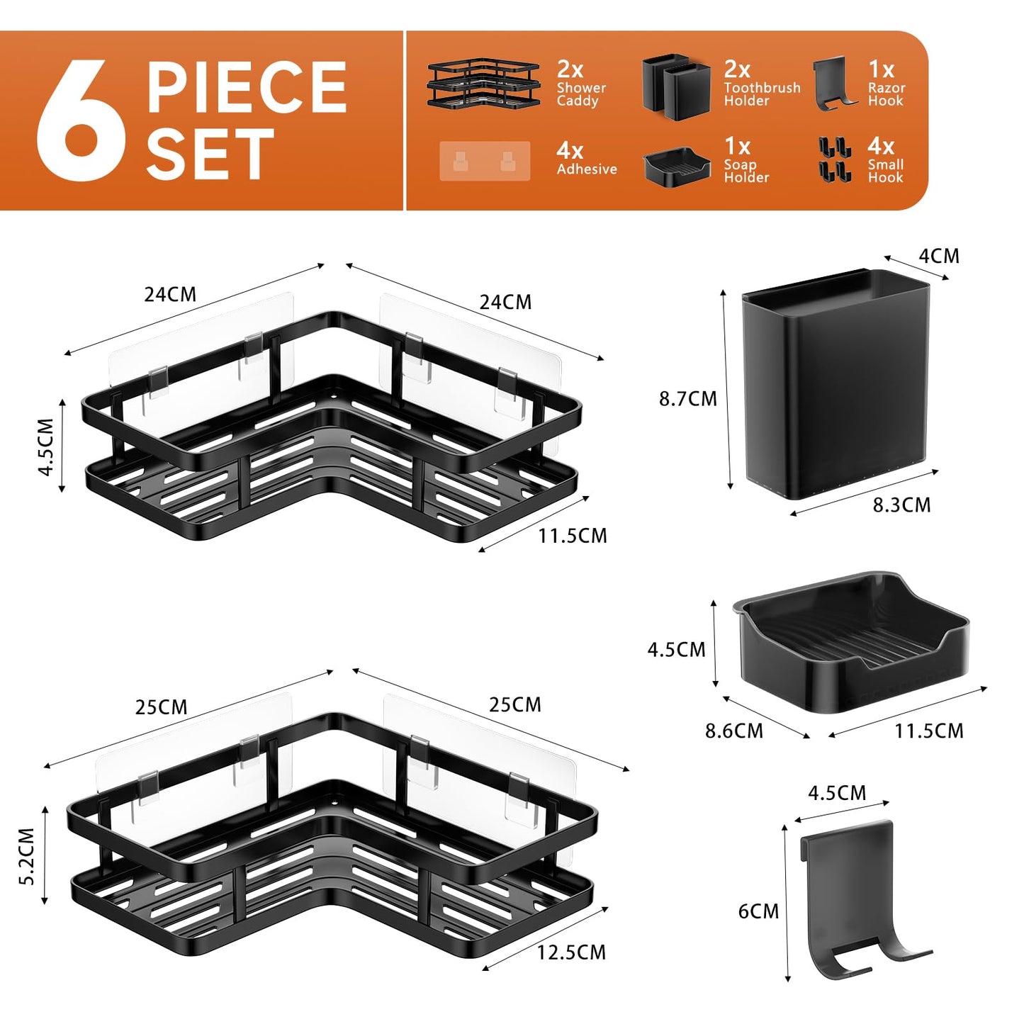 Shower Shelf No Drilling 2 Pieces Corner Shower Shelf Bathroom Shelf Black Shower Gel Holder with 2 Plastic Toothpaste Holders and 4 Removable Hooks