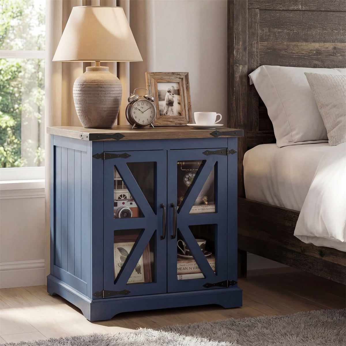 BEROXII Rustic Wood End Table, 24 inches, Square Nightstand with Adjustable Shelf, Barn Door, for Living Room, Bedroom Blue