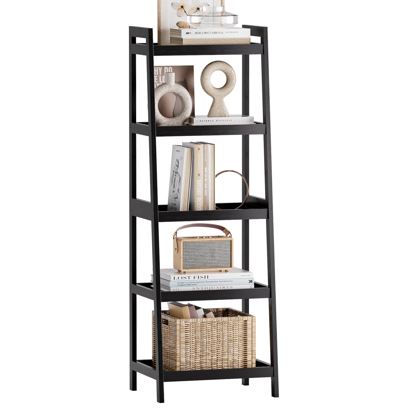 SMIBUY Bamboo Ladder Bookcase, Bathroom Storage Rack Organizer, 4 Tier and 5 Tier Freestanding Plant Display Stand Space Saver Shelves for Bedroom
