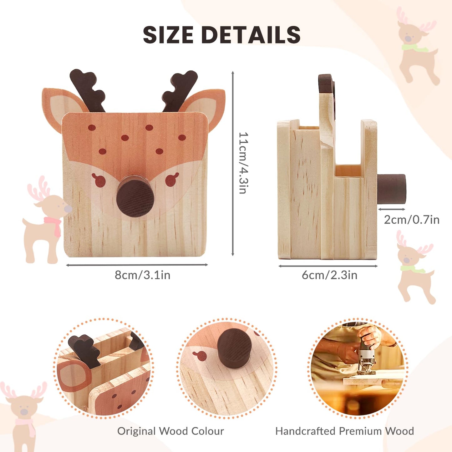 Daily Treasures Deer Wooden Eyeglass Holder Stand,Cute Animal Glasses Holder with Stationery Storage Case,Handmade Wood Eyeglass Rack,Strudy