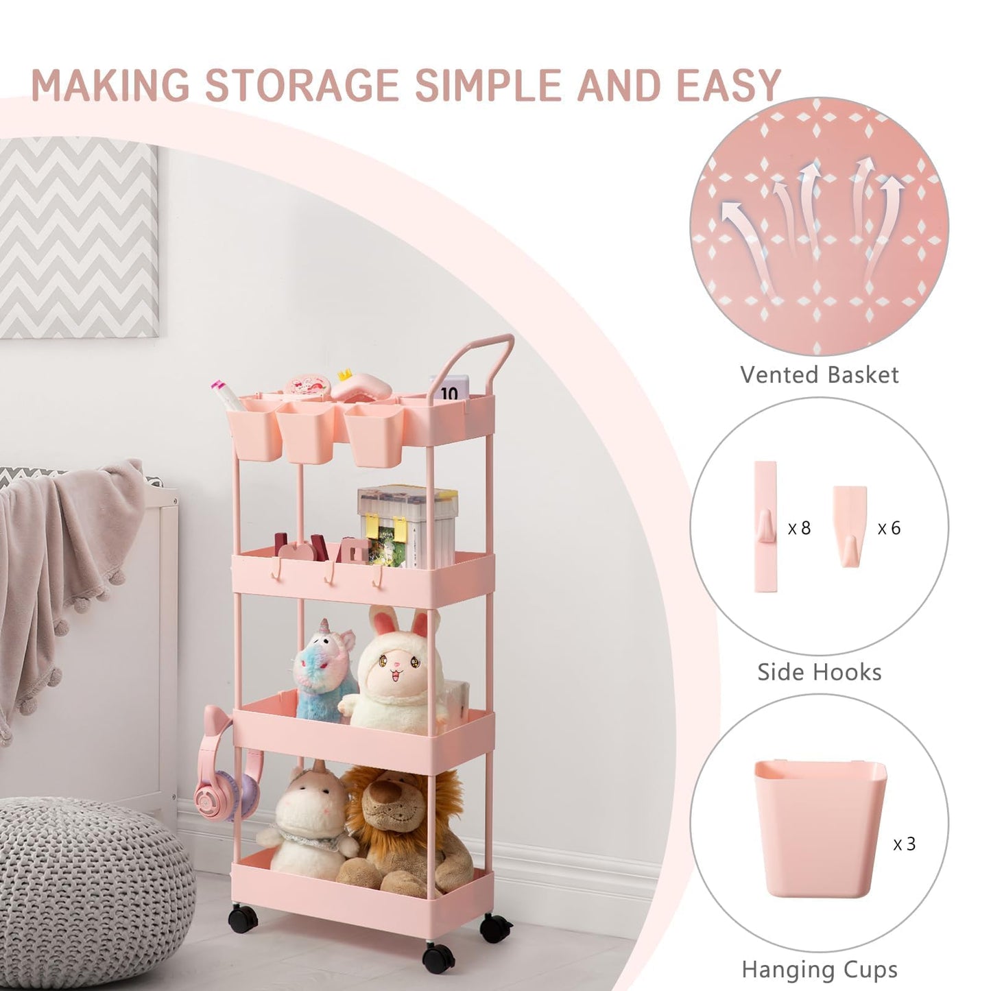 danpinera 4-Tier storage trolley, storage trolley on wheels, beauty trolley with Dividers & Hooks & Hanging Cups, kitchen trolley