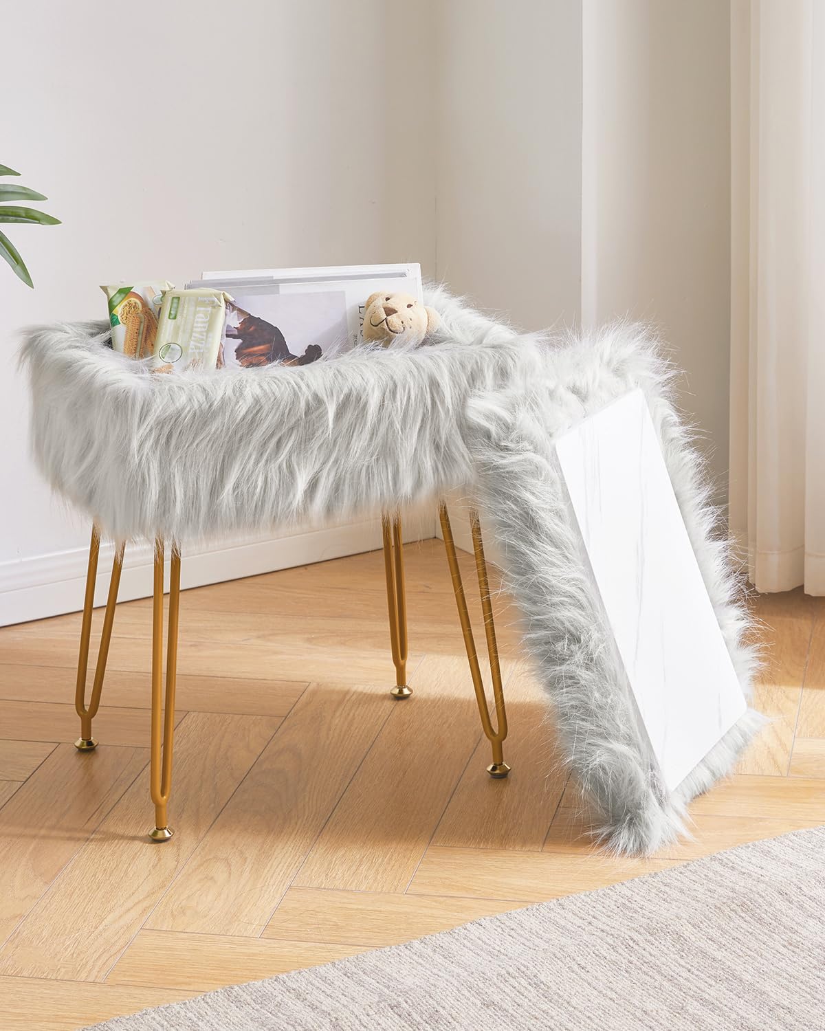 IBUYKE Rectangular Faux Fur Vanity Stool with Storage, Gray WBD022G