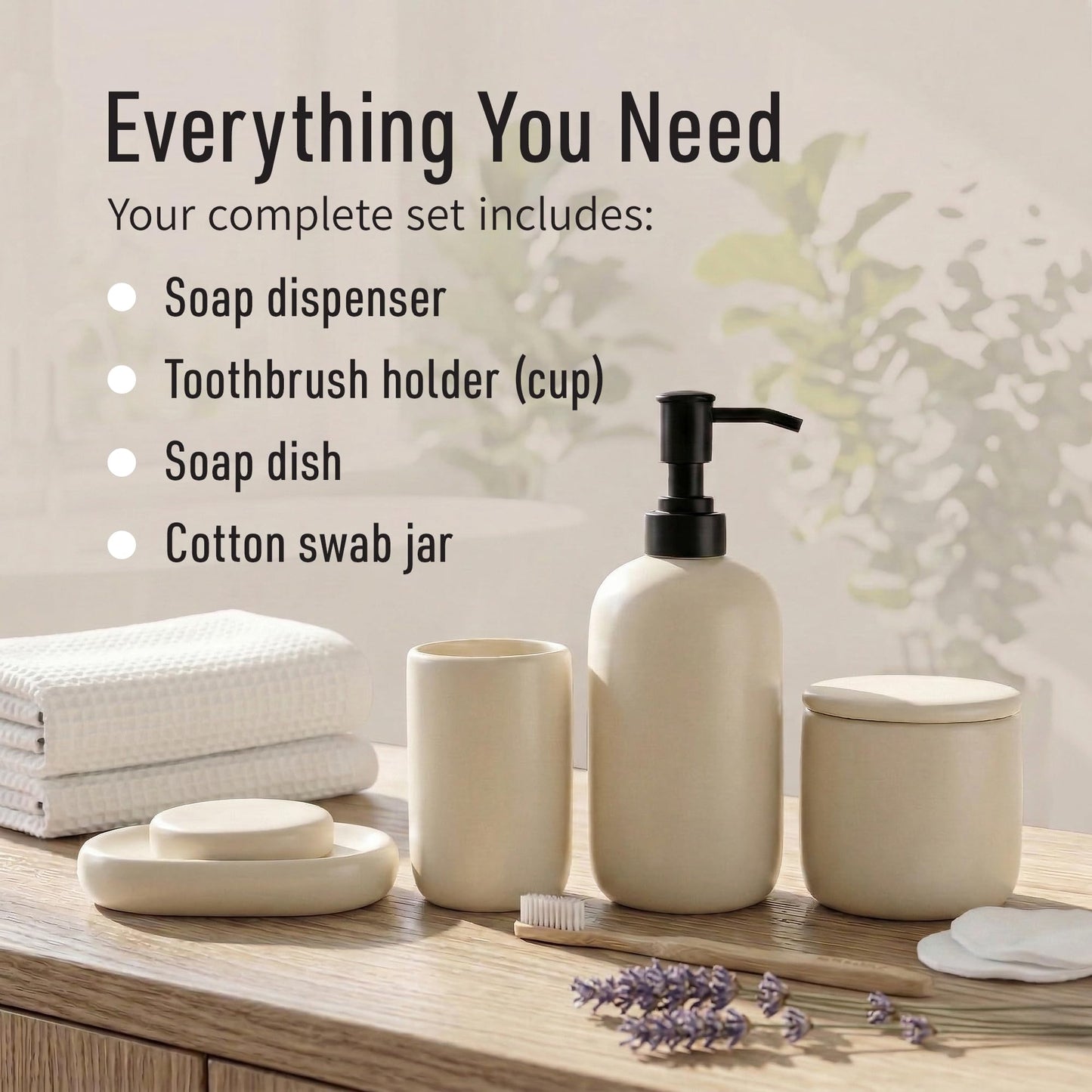 Ava Nord Modern Minimalist Ceramic Bathroom Accessories | Set of 4 | Cream