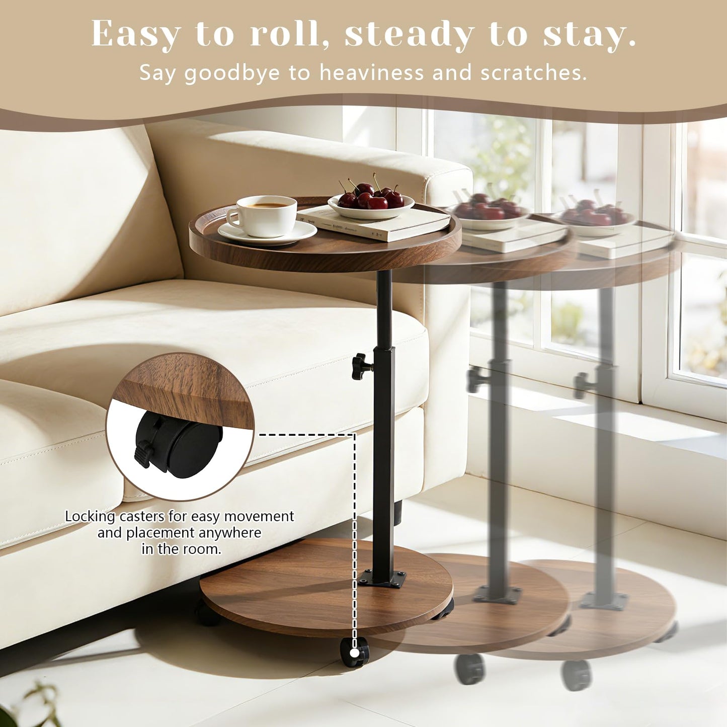 YYW C Shaped End Table Adjustable Height, Couch Tables That Slide Under for Small Spaces, 360°Swivel TV Tray Table