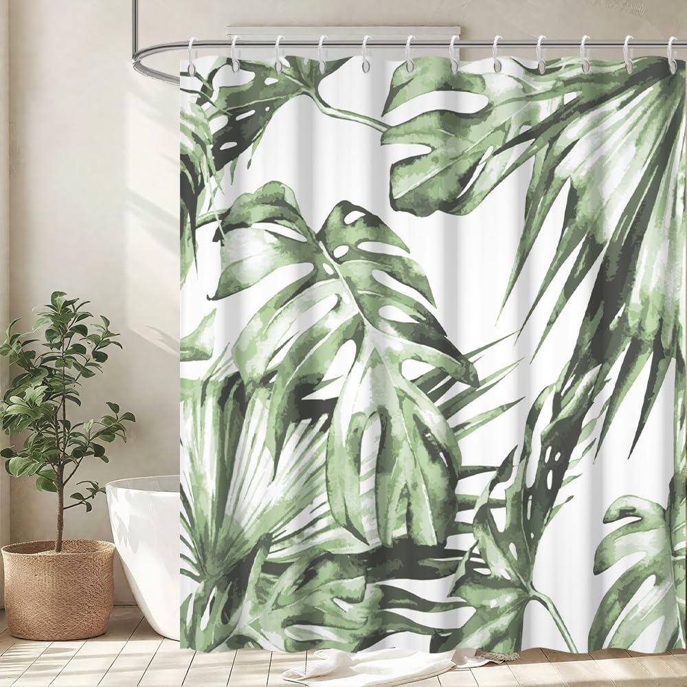 Uiiooazy Anti-Mould Shower Curtain, 180 x 180 cm Tropical Green Palm Leaves Jungle Bath Curtains Washable Fabric Waterproof Polyester Bathroom