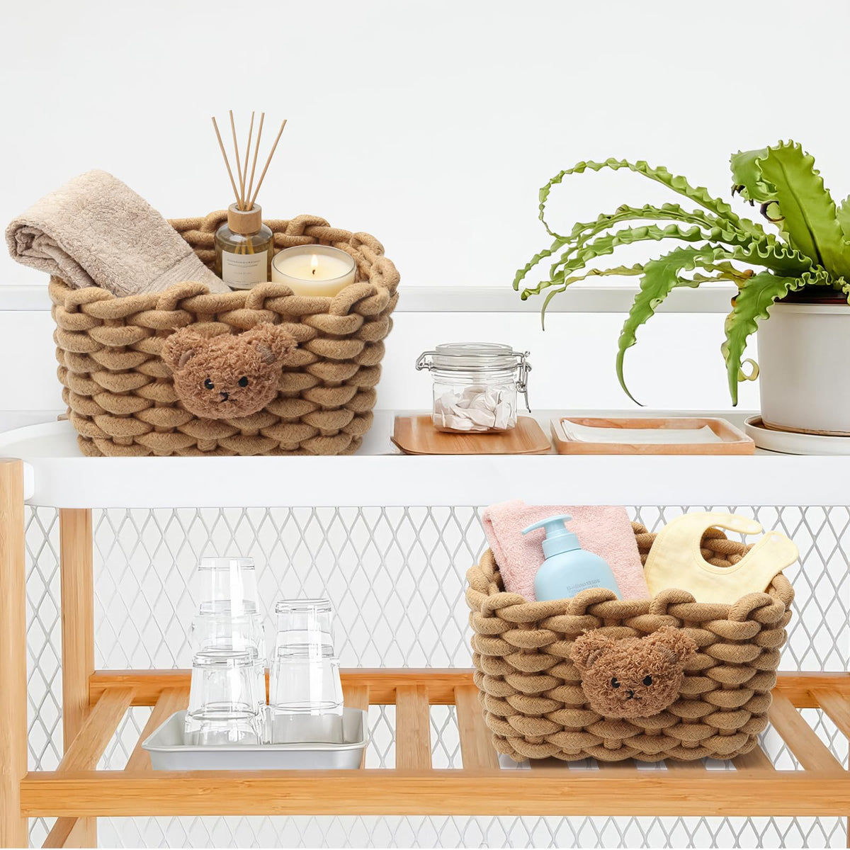 Woven Cotton Wicker Storage Basket with Bear Motif, White - Bathroom Organizer for Desk, Makeup Table, Cabinets, Bath, Kitchen Brown