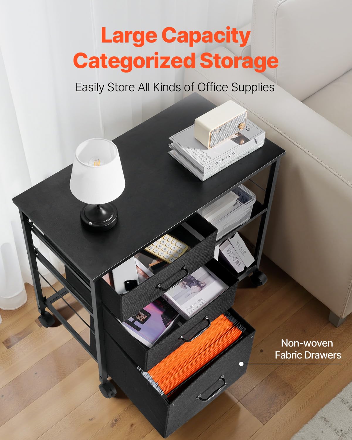 VEVOR Metal File Cabinet, Mobile Filing Cabinet with 3 Fabric Drawers and 2 Open Shelves