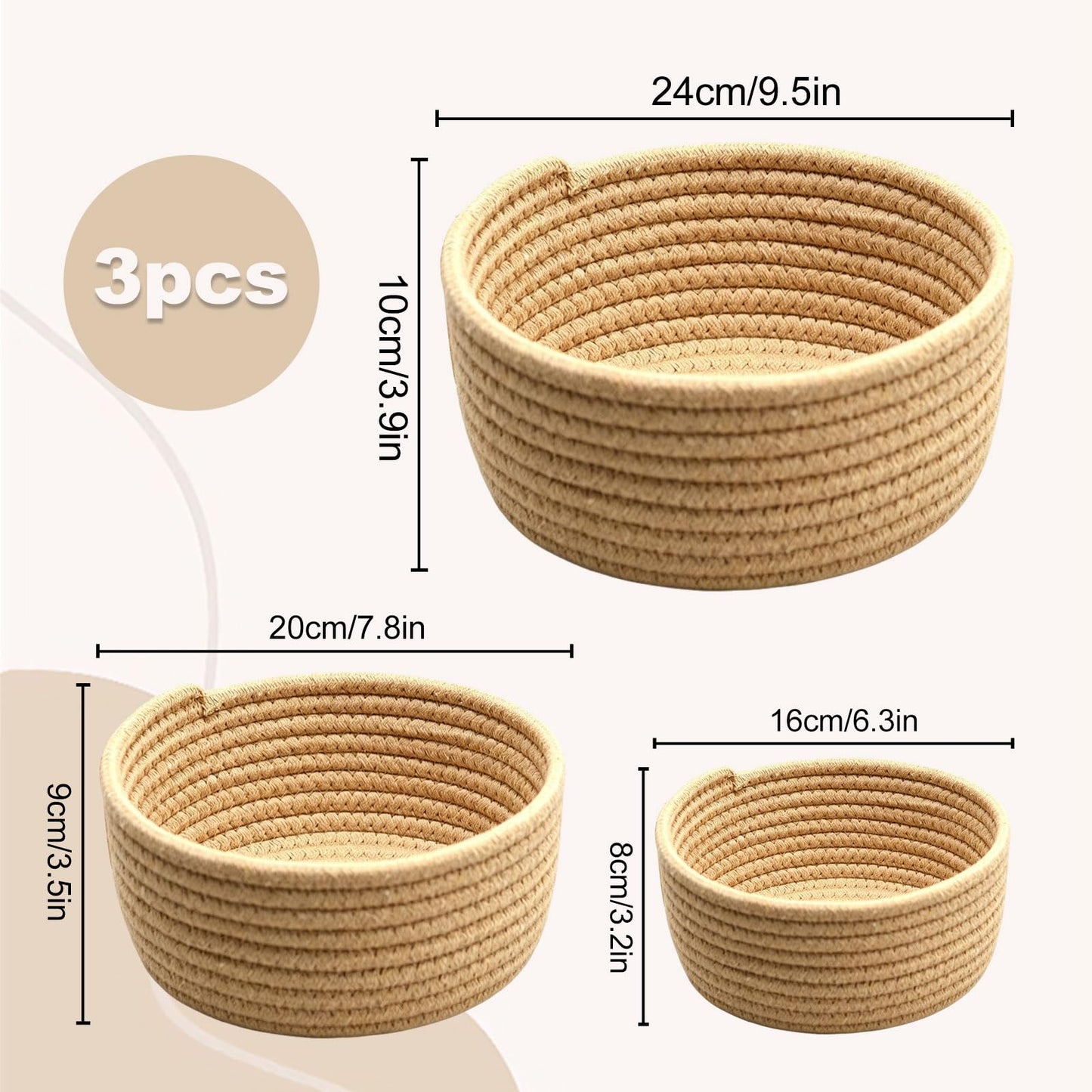 3 Pcs Small Woven Baskets, Cotton Rope Round Organizer for Shelves