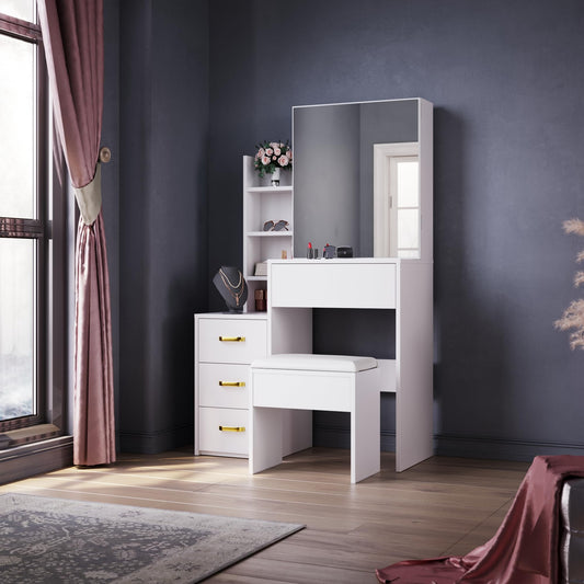 ELEGANT Dressing Table with Sliding Mirror and stool, Vanity Makeup Desk with 3 Drawers and 4 Shelves, Large Storage White Makeup Table set for Girls
