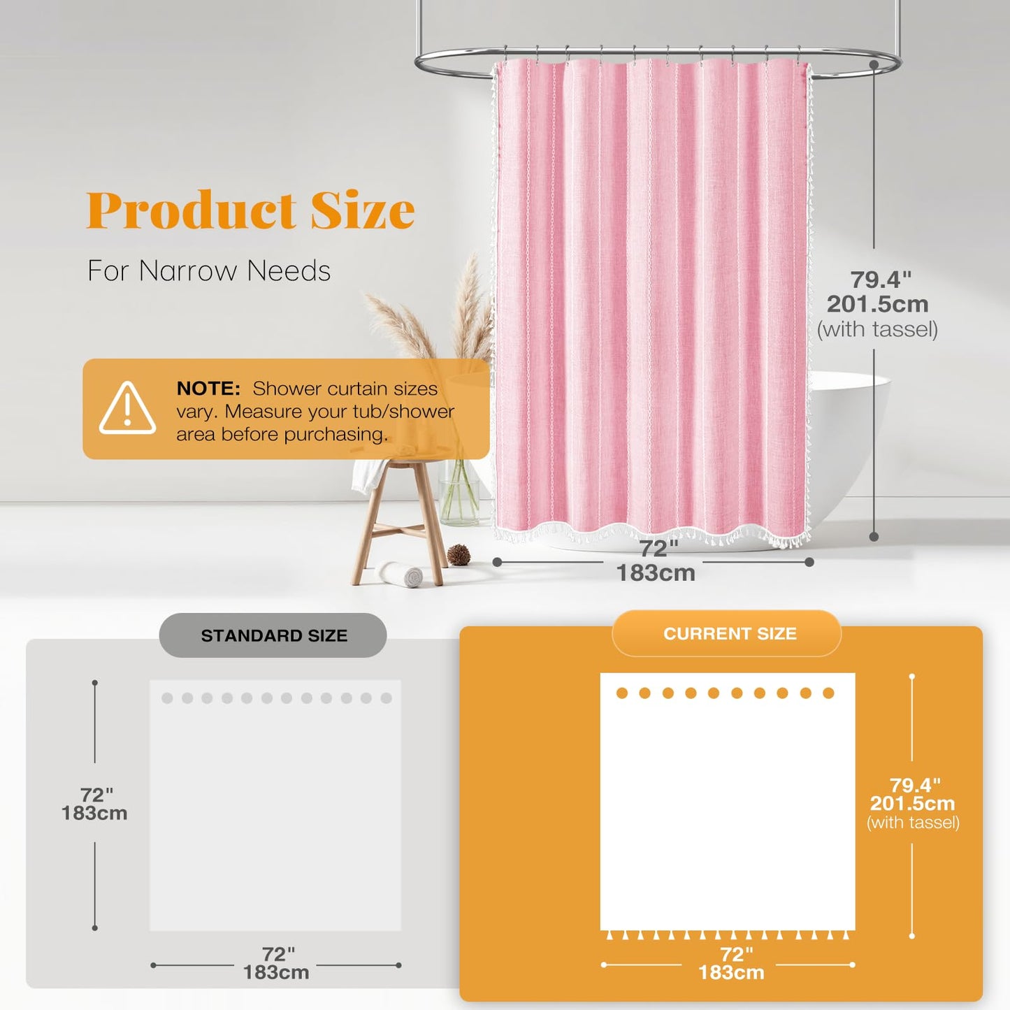 BTTN Long Boho Farmhouse Striped Weighted Shower Curtain, 183x201cm, Pink